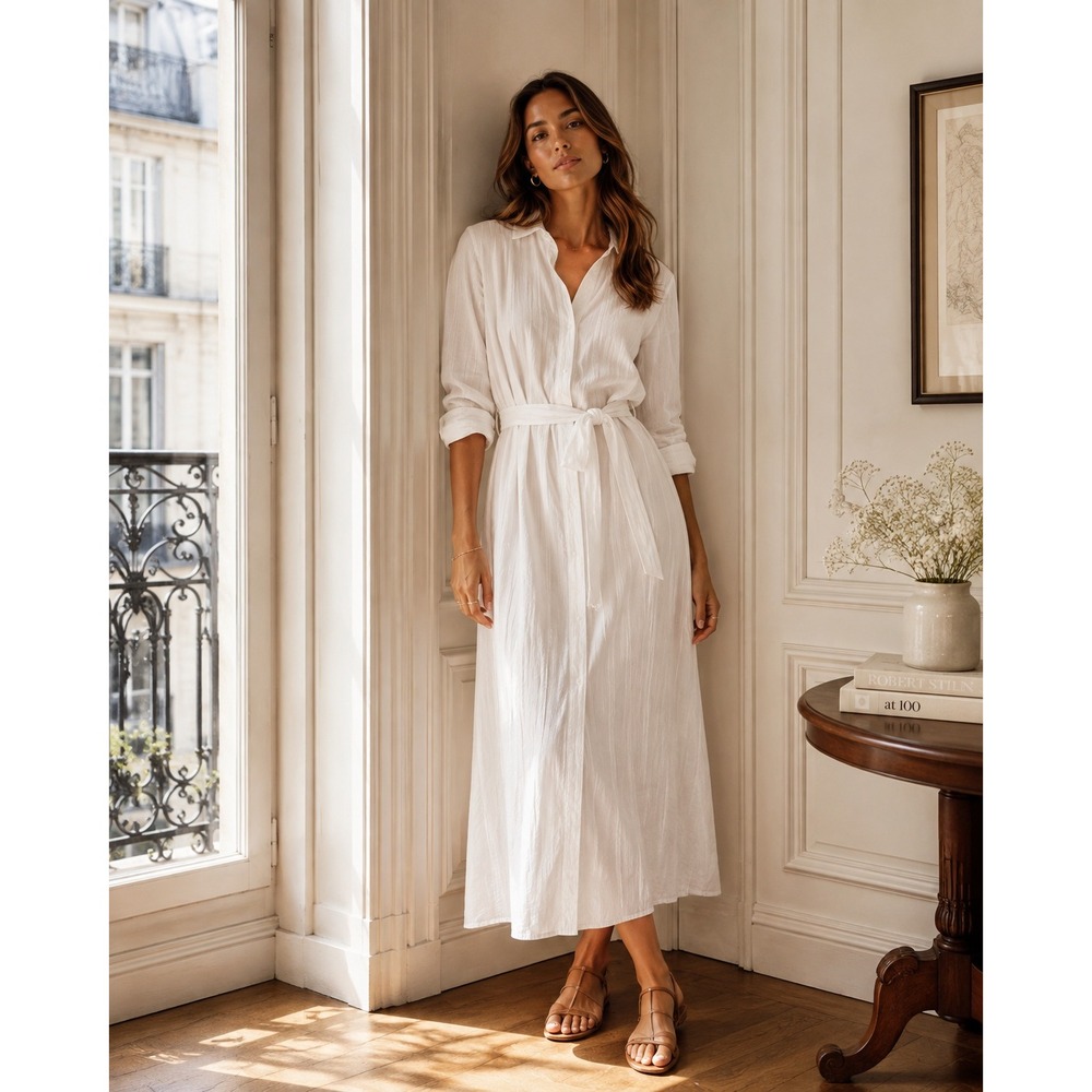 Playa Lucila White Shirt Midi Dress Button Down Tie Waist Cotton Size Large